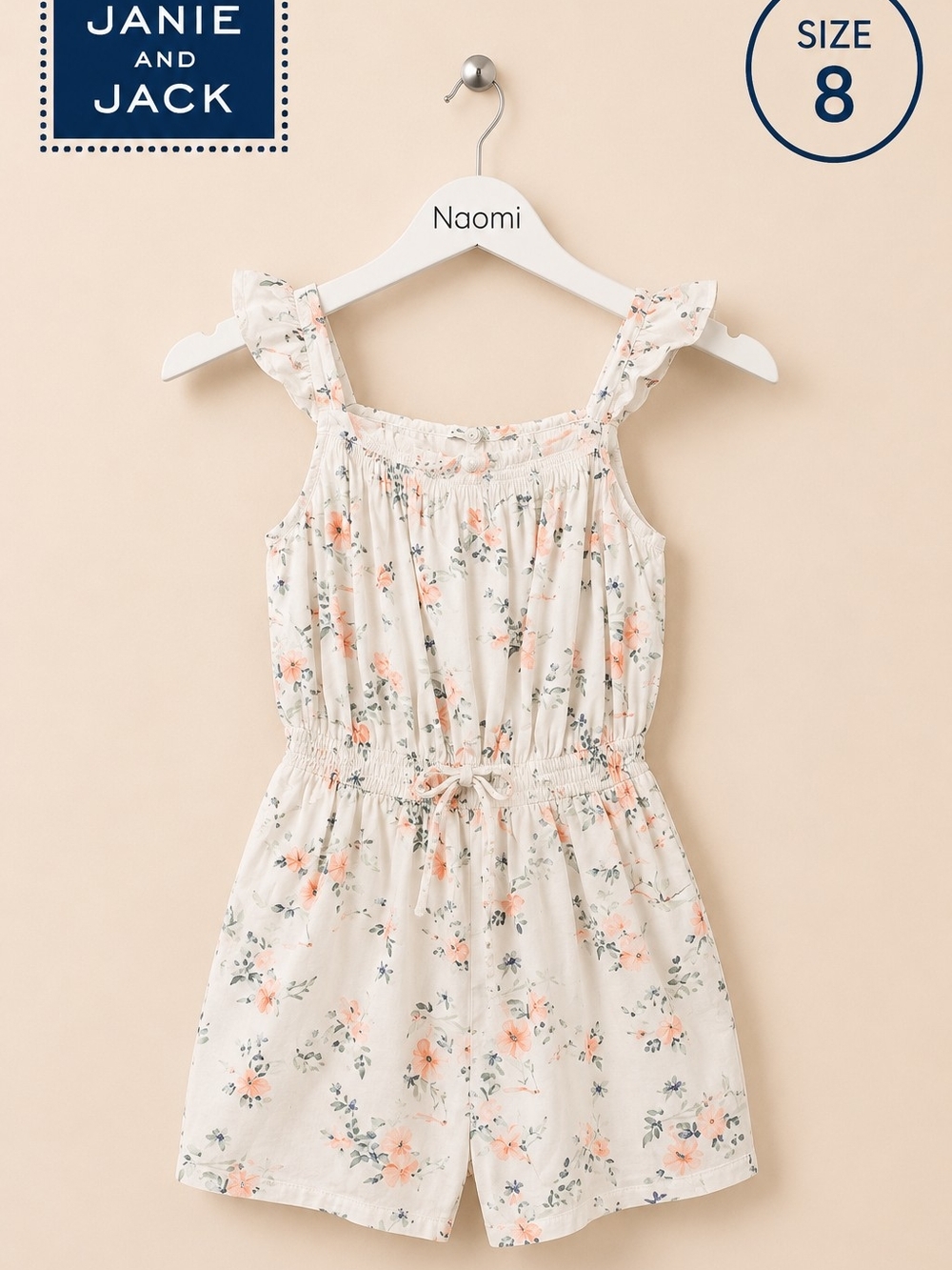 Janie and Jack Cream Floral Ruffle-Strap Romper with Peach Blossoms